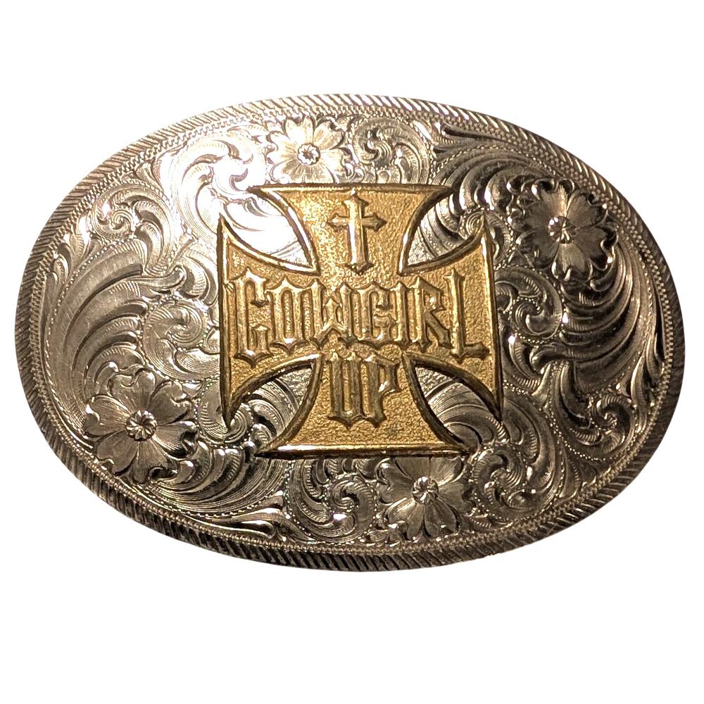 Montana Silversmiths Cowgirl Up Cross Belt Buckle Two-tone Western Engraved - Picture 8 of 8